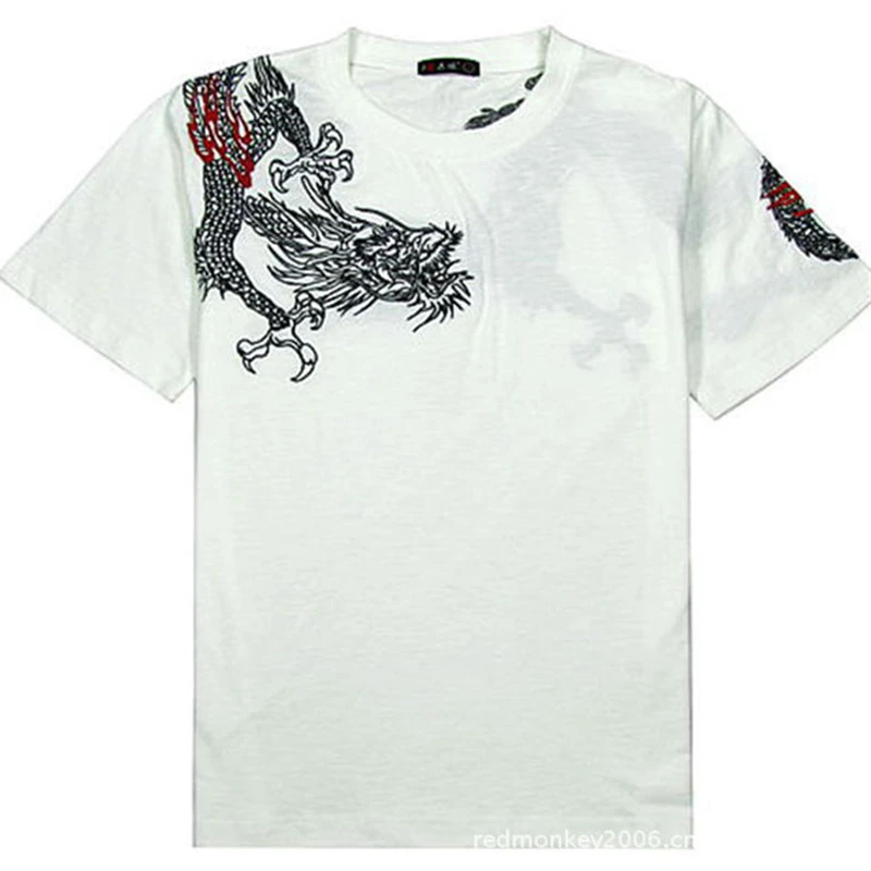 

Summer Men Casual White Dragon Embroidery Tshirts Streetwear Men Hip Hop Cotton Tee Shirts Short Sleeve Tops