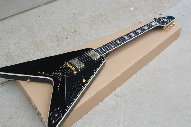 Chinese Factory Custom Flying V Black Mahogany Body With Golden Hardware Electric Guitar