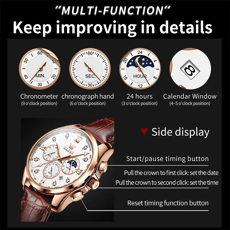 OLEVS Men's Watches Original Top Brand Quartz Watch Waterproof Sport Multifunction Wristwatch Moon Phase Fashion Watches for Men