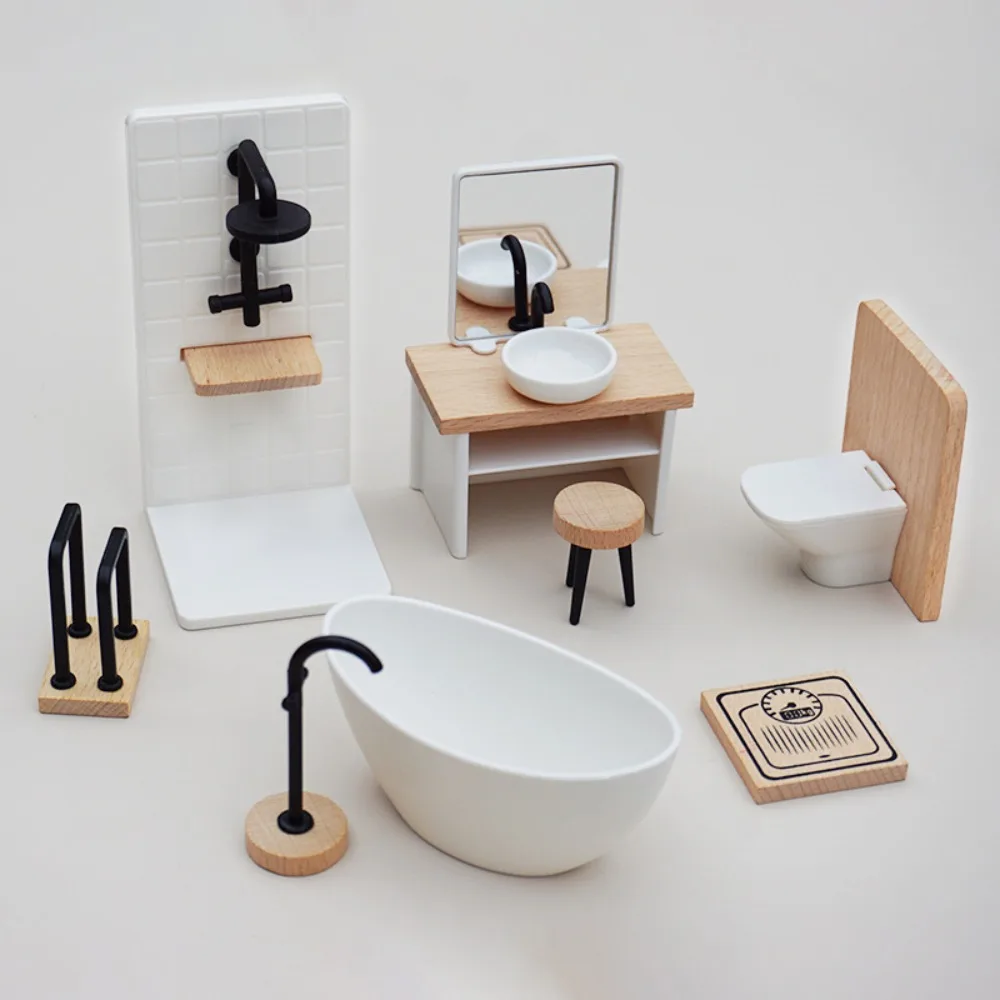 1/12 Dollhouse Simulation White Wash Basin Tub Toilet Model Dollhouse Miniature Furniture Bathroom Decor Baby Pretend Toys 2