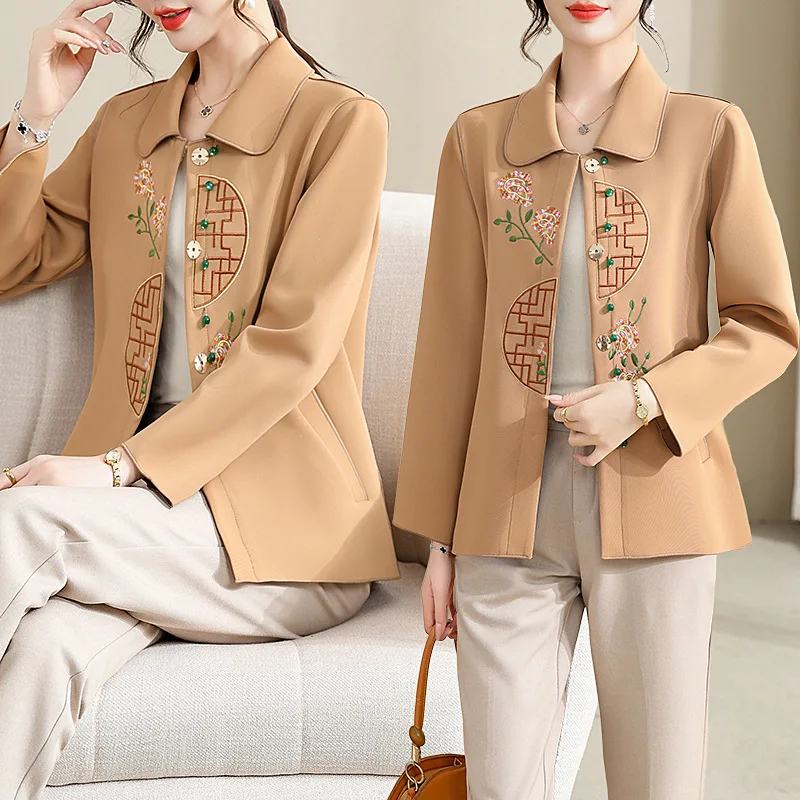 

Mom Spring Coat Women 2024 New Middle-Aged Autumn Trench Luxury Short Outerwear Fashion Casual Top Ladies Embroidered Jacket Y2K