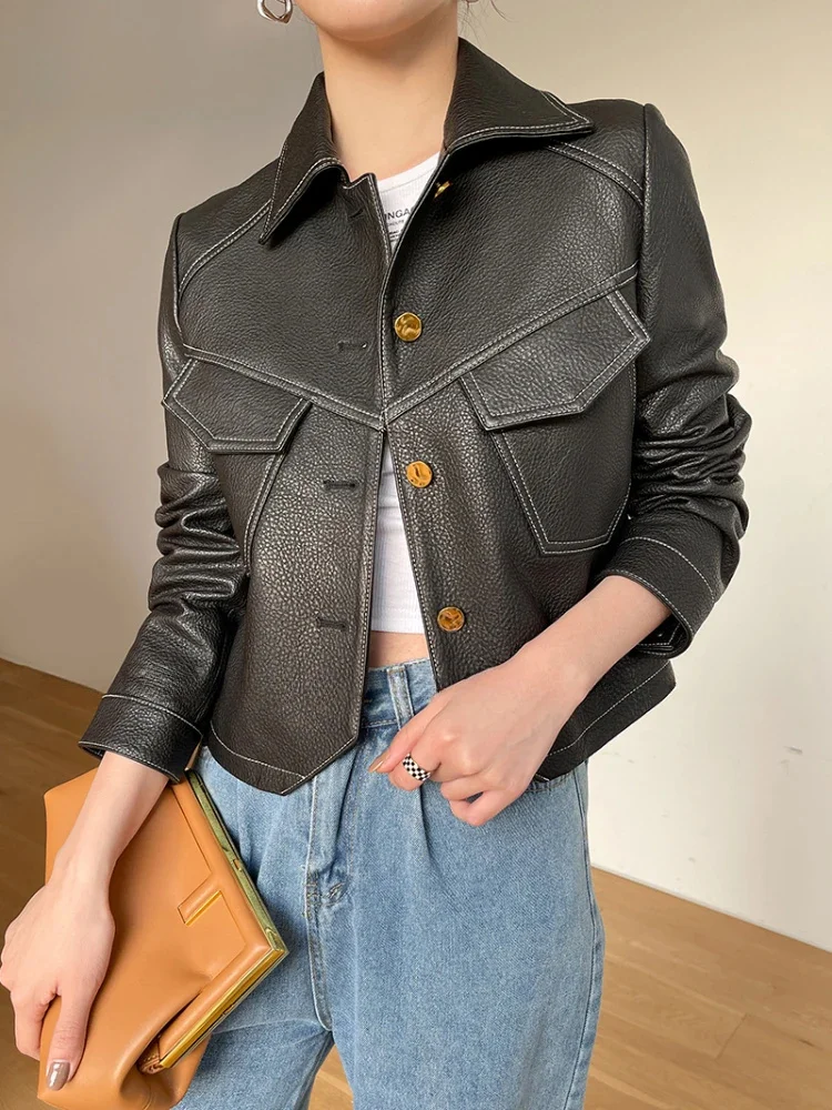 thumbnail image 1 of Chaqueta de moto de cuero genuino simple para mujer, tendencia primavera otoño 2024, abrigo de piel de oveja recortado con cuello cuadrado y botonadura sencilla, 1 of 5