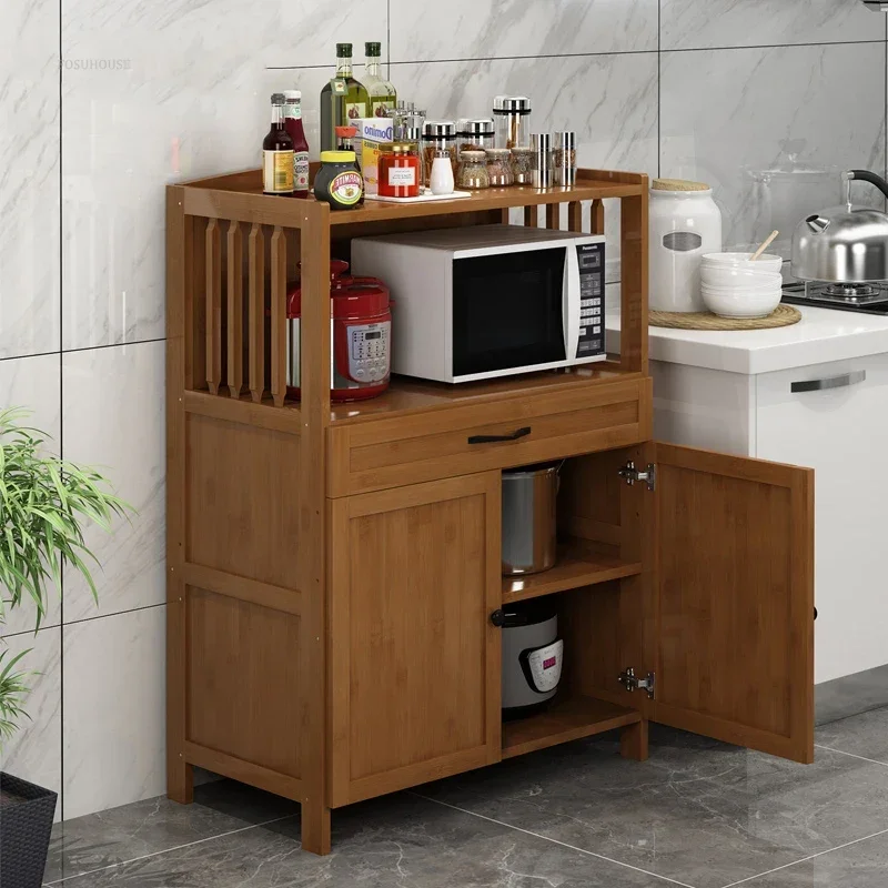 Modern Bamboo Kitchen Cabinets for Household Multi-layer Dishes Microwave Ovens Storage Cabinet Floor-to-ceiling Kitchen Cabinet 3