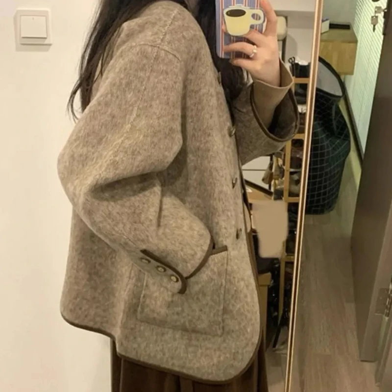 Wool Blend Coat for Women Short Plain Half Long Sleeve Elegant Mixtures Jacket Woman Fashion 2025 Winter Clothes Single Cheap - 3