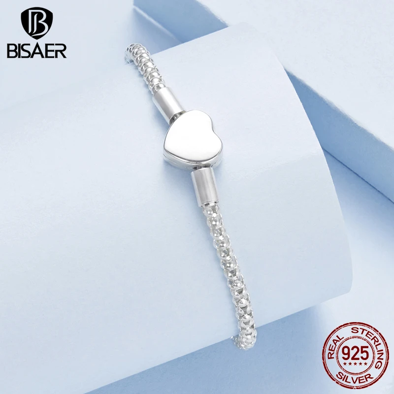 BISAER 리얼 하트 기본 팔찌 여성을위한 별이 빛나는 팔찌를 사랑합니다 매력 비즈 DIY 파인 쥬얼리 EFB209