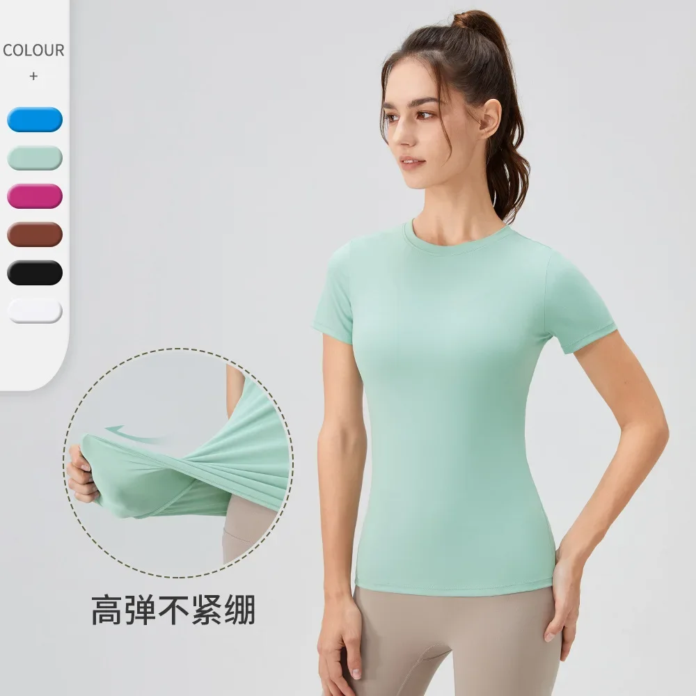 Women's solid color yoga short sleeved T-shirt, round neck quick drying tight fitting running fitness training sports top