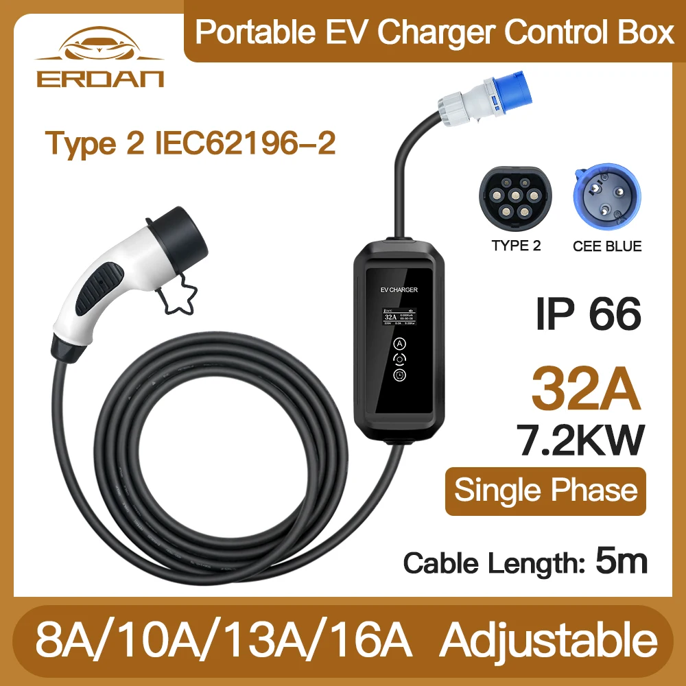Caricabatteria Per Auto Elettrica 7Kw Tipo 2 32A Ev Wallbox Scatola Di Ricarica Portatile Per Cavo Di Ricarica Per Veicoli Elettrici 5M