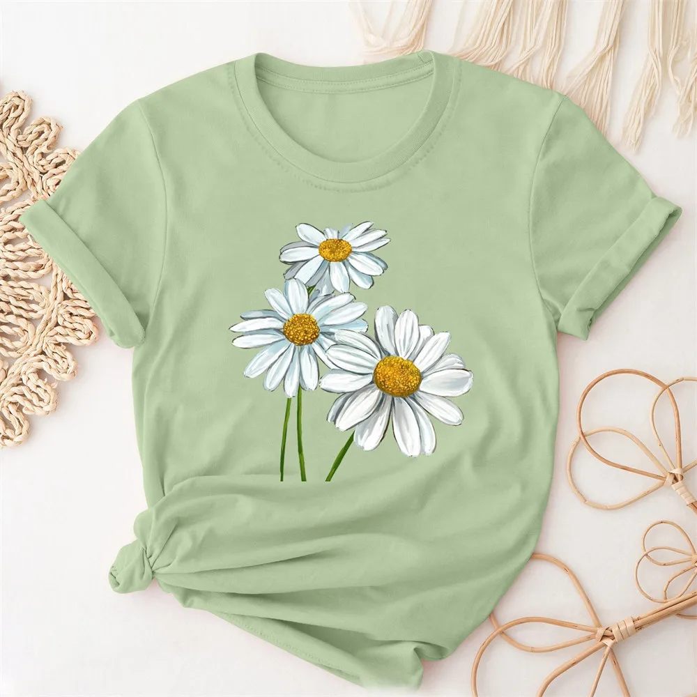 

Women's O Neck T-Shirt Short Sleeve Ladies Streetwear Top Casual T Shirt Summer Cartoon Daisy Print Loose Tee Woman Clothing