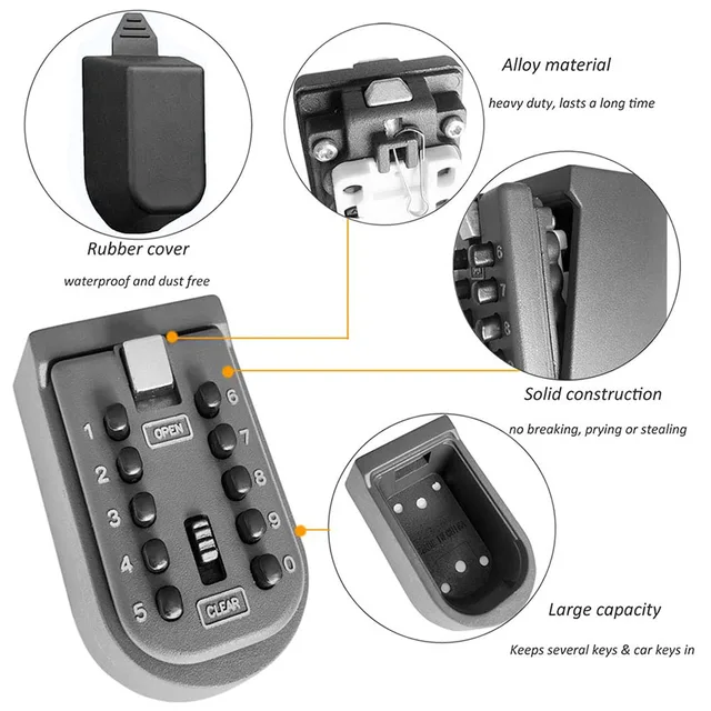 Key Lock Box Wall Mount Waterproof Spare Key Storage Box 10-digit Combination Lockbox Push Button Key Keeper Box for Home office 4
