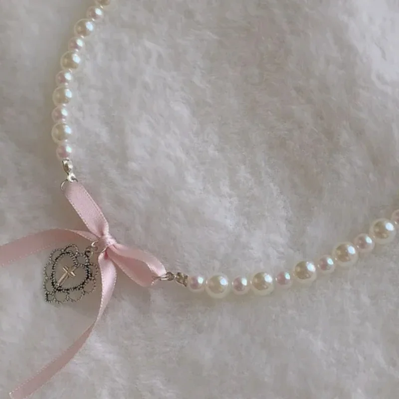 Kpop Goth Pink Ribbon Bow Imitation Pearl Beads Choker Necklace Y2K Sweet Cute Heart Pendant Clavicle Chain Girl Lolita Jewelry