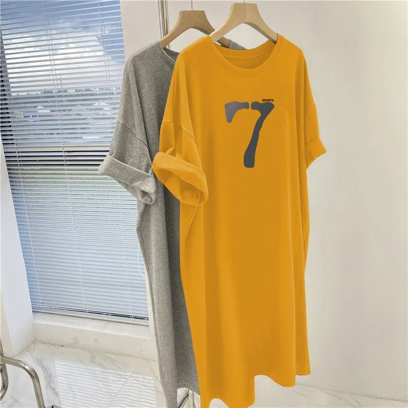 Summer Y2k Letter Printed Knee Length Tunic, Women Clothing Loose Casual Dresses, Vintage Straight Basic Pullovers Dress