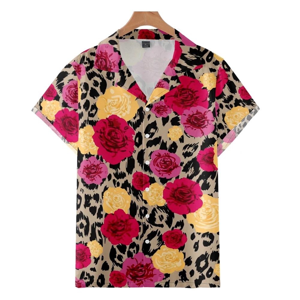

Men's Fashion Cuban Style Shirt Rose Leopard Print Cozy Tidal Current Casual Streetwear Short Sleeve Beach Oversized Clothes