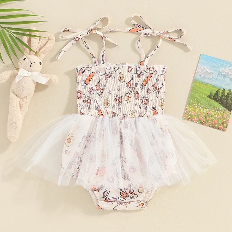 

Baby Girl Easter Outfit Infant Romper Dress Spaghetti Strap Cartoon Carrot Flower Print Tulle Skirt Hem Jumpsuit