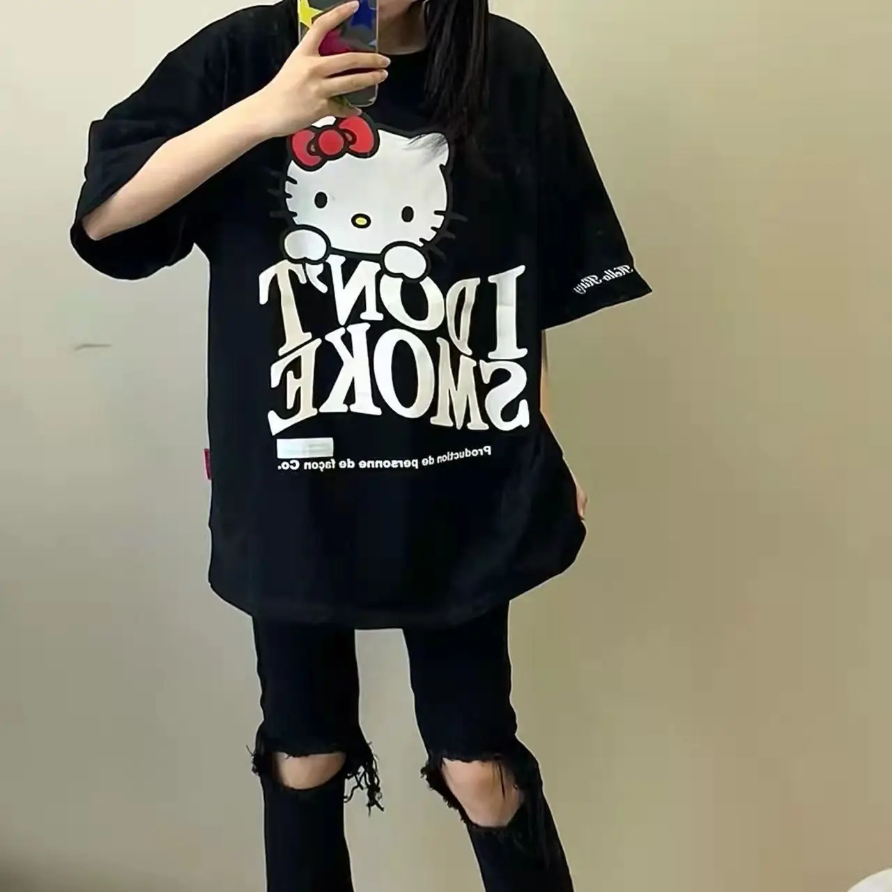 thumbnail image 1 of Hello Kitty-Camiseta de algodón holgada de manga corta con estampado divertido para niña, Top deportivo informal con cuello redondo, 1 of 4