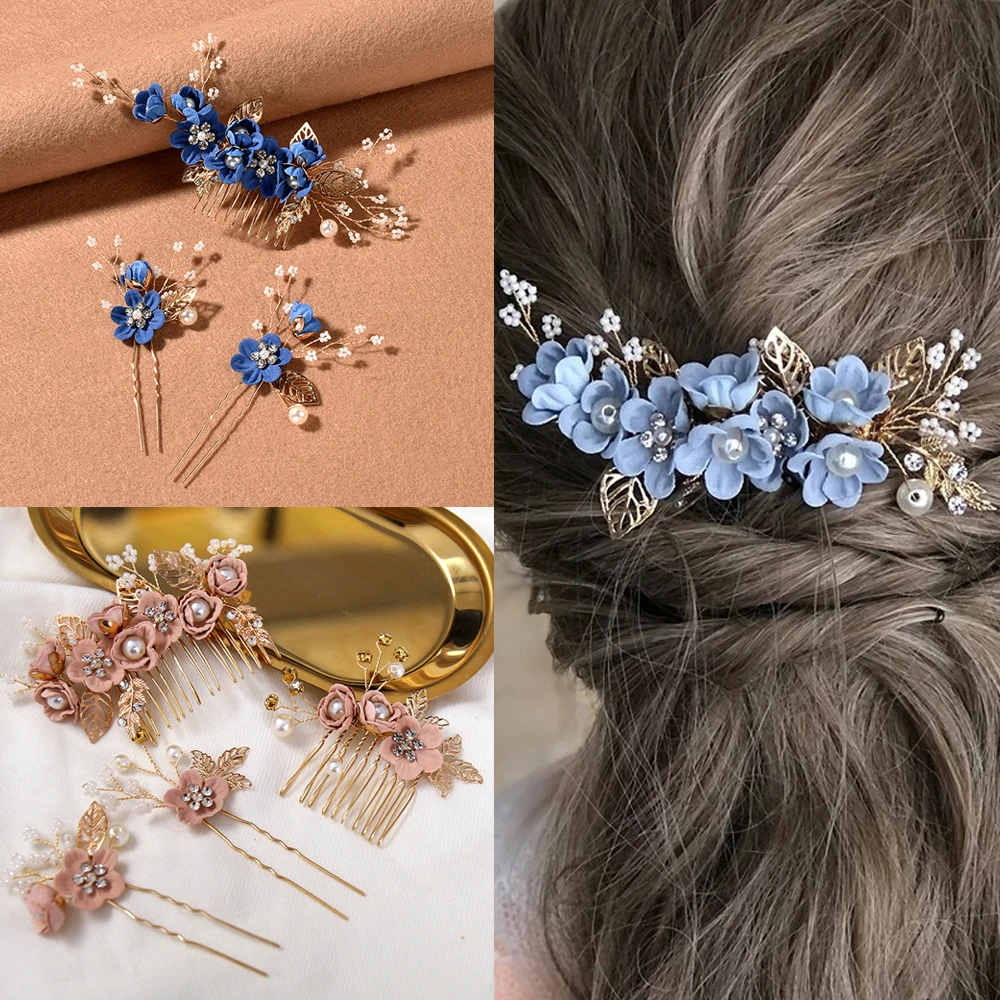 Bride Artificial Flower Beads Side Comb for Hair Women Brides Wedding Pageant Tiara Headdress