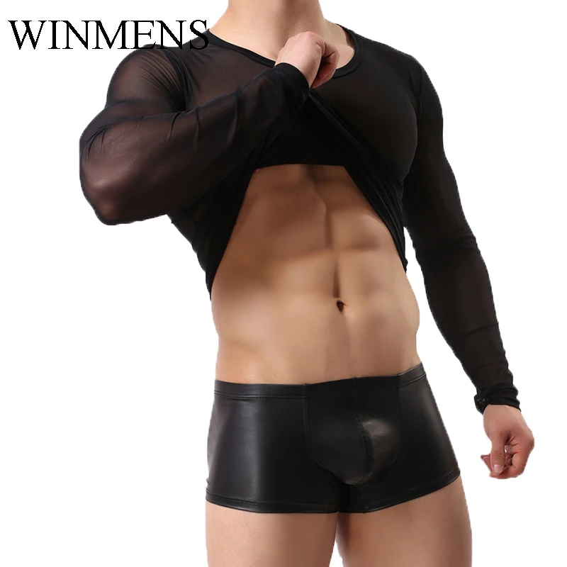 Stretch Undershirts Transparent Mesh Ultra Thin Men's Long Sleeve Shirts O-neck See Through Gay Sexy Underwear Spandex Indoor