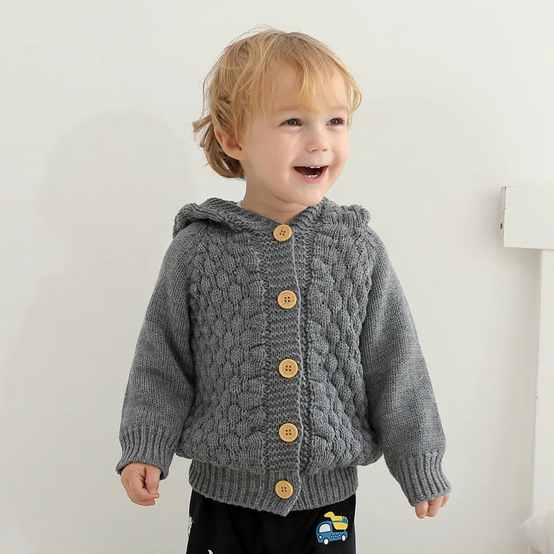 Baby Boys Girls Hooded Knitted Coats Jacket Toddler Long Sleeve Solid Color Outer Wear Single Breasted Buckle Coats 0-1 Years