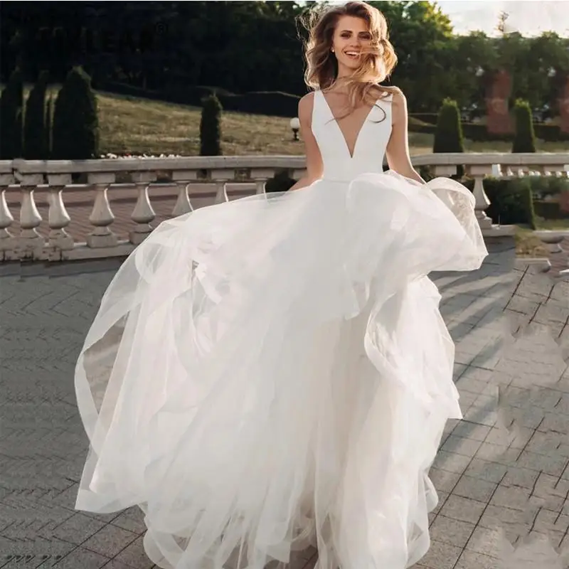 

TIXLEAR Puffy White Wedding Dress For Women Bride 2023 Fashion Tulle V-neck Tiered Skirt Bridal Gown Vestido De Robe De Marie