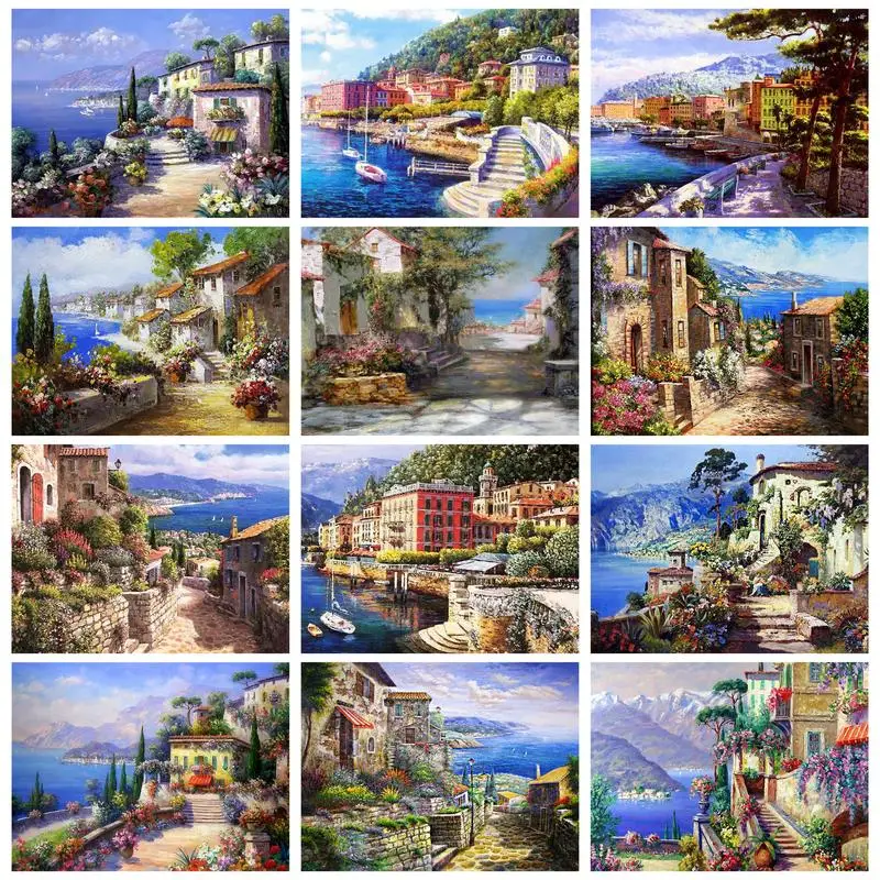 

RUOPOTY Oil Paint By Numbers Diy Crafts Harbor Landscape Pictures On Number Wall Decors Number Painting Art Supplies Seaside