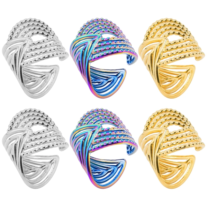 1/3Pcs Stainless Steel Geometric Hollow Wide Open Rings Trendy Exaggerated Finger Bijoux Anillos Jewelry 2