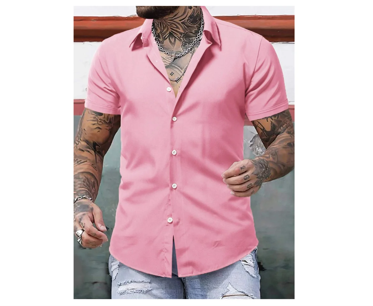 Men's Hawaiian shirt solid color lapel short sleeved shirt summer vacation casual men's street comfortable soft clothing
