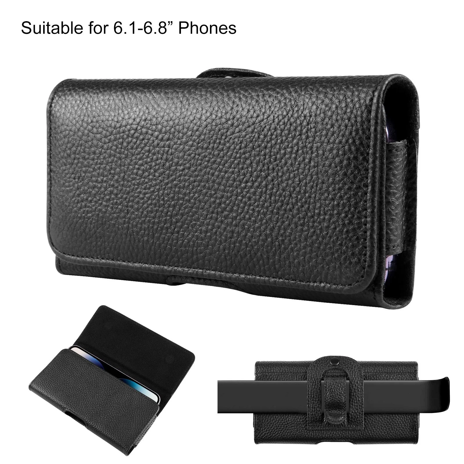 Genuine Leather Phone Holster with Belt Clip - Horizontal Waist Pouch