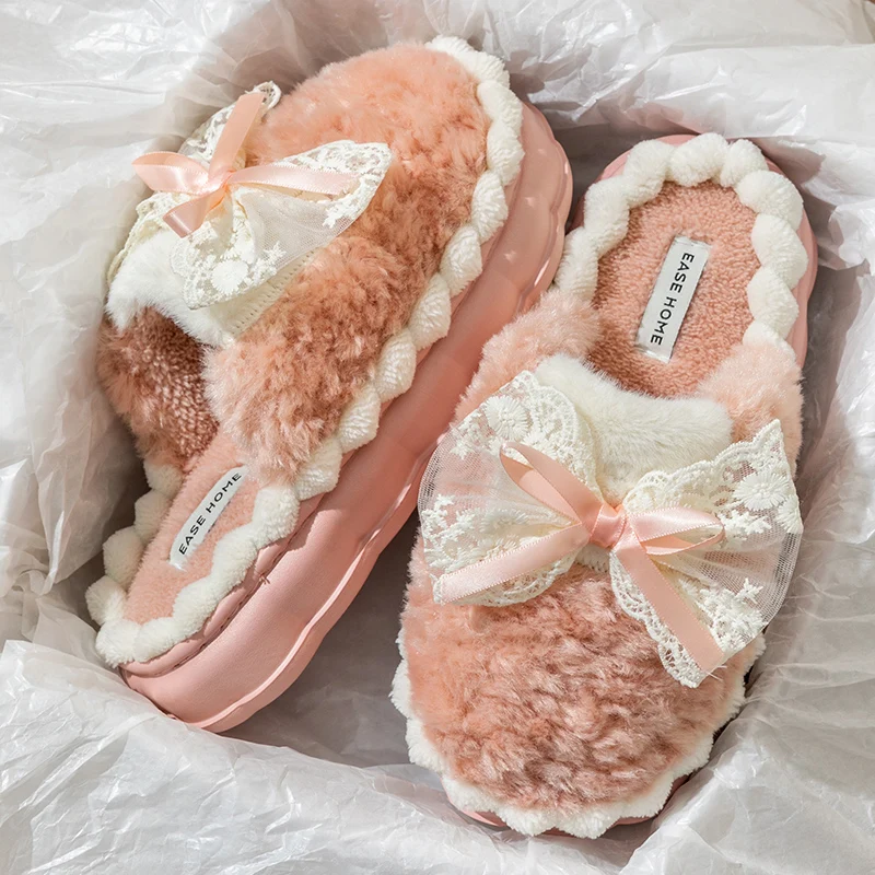 Green Faux Fur Warm Women's Home Slippers Elegant Lace Bowknot Detor Plush Slippers Women Soft Thick Bottom House Shoes Lady