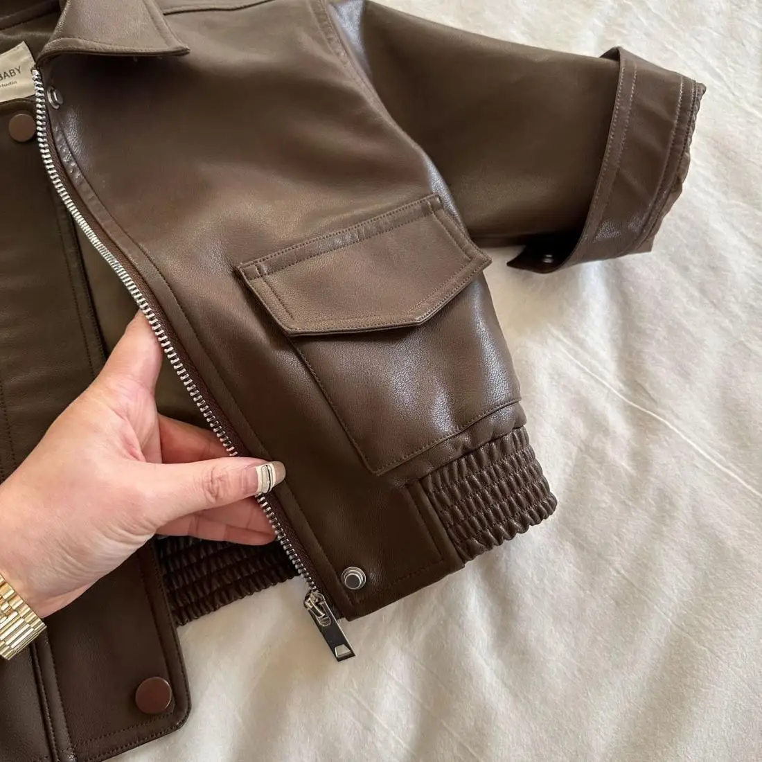 Brown PU Leather Toddler Jacket - Zipper Coat with Lapel Collar for 2-10Y