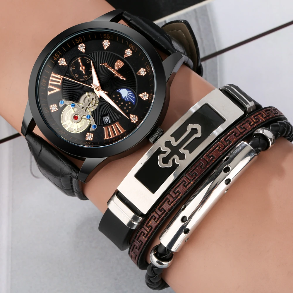 Creative Men's Watches Luxury Original Watch Bracelets Gift Set Box Quartz Leather Waterproof Calendar Wristwatch for Men Gifts
