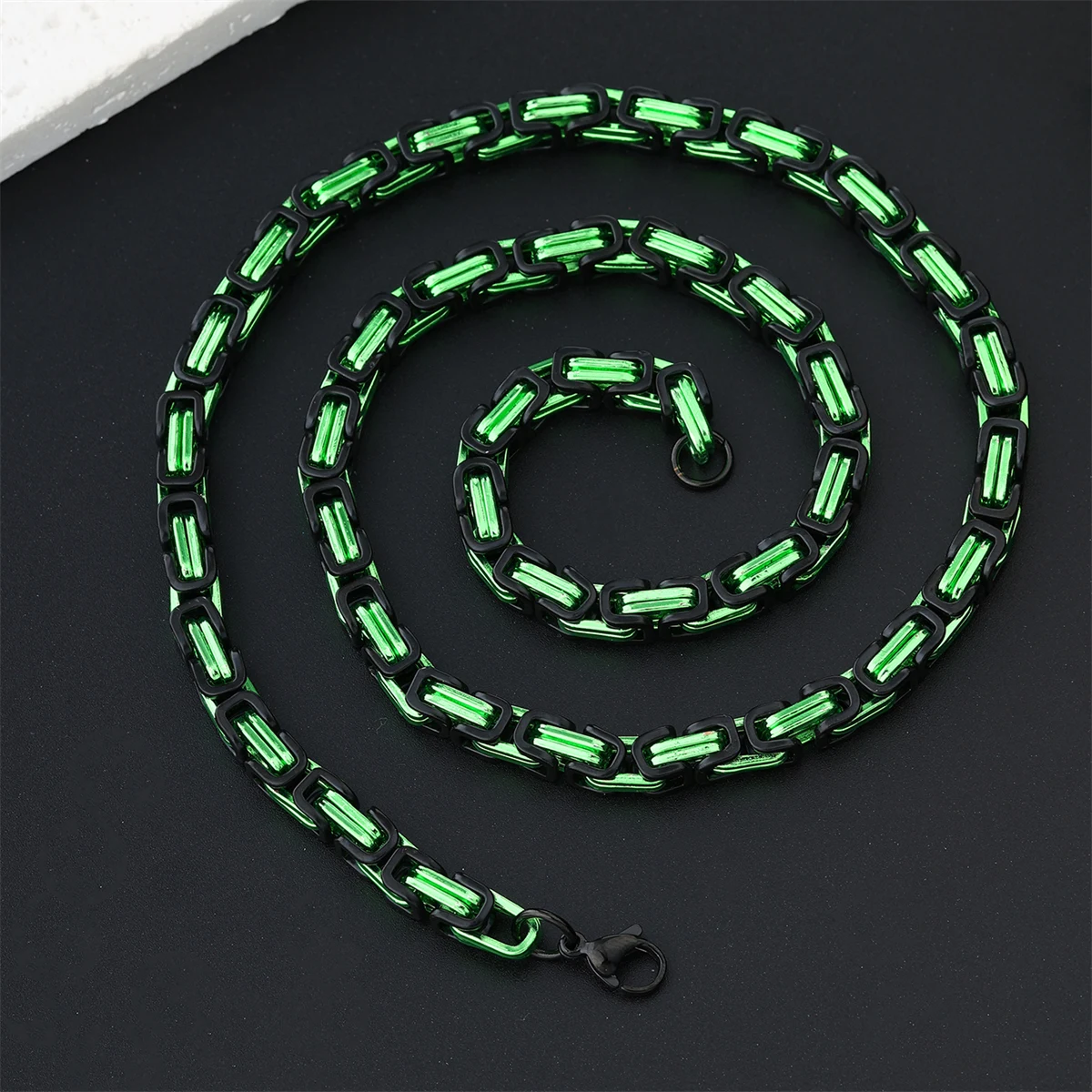D&Z Green Color Stainless Steel Byzantine Chain Necklace For