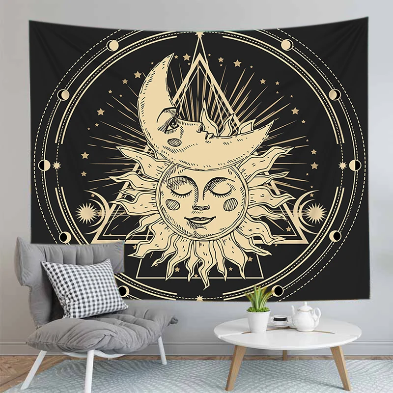 Tarot Card Tapestry Black Sun Moon Mandala Starry Sky Wall Hanging Astrology Tapestries Psychedelic Home Decoration |