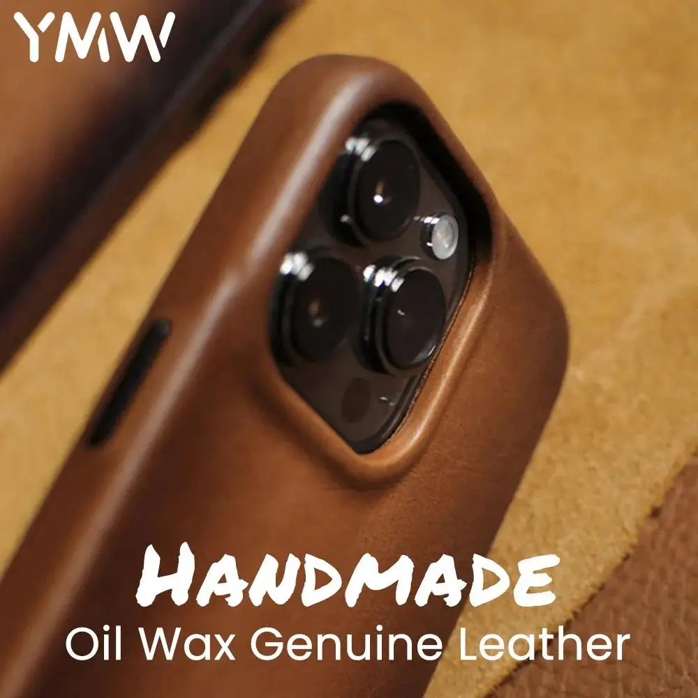 

YMW Handmade Oil Wax Genuine Leather Case for iPhone 15 14 Pro Max Plus 13 12 mini Luxury Business Retro Pull-up Cow Phone Cover