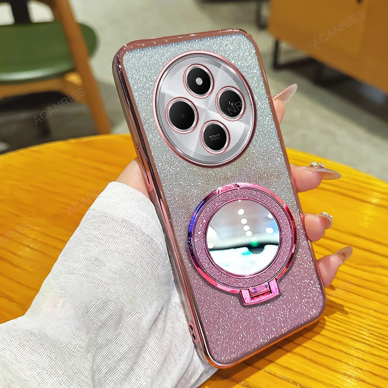 Glitter Plating Silicone Soft Case with Makeup Mirror Stand Cover