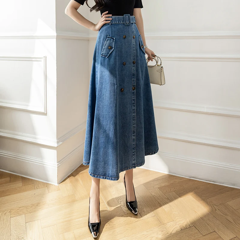Elegant Women Denim Skirt Blue High Waist Buttons Split A-Line Jean Skirt Fashion Ladies Versatile Mid-Length Skirt