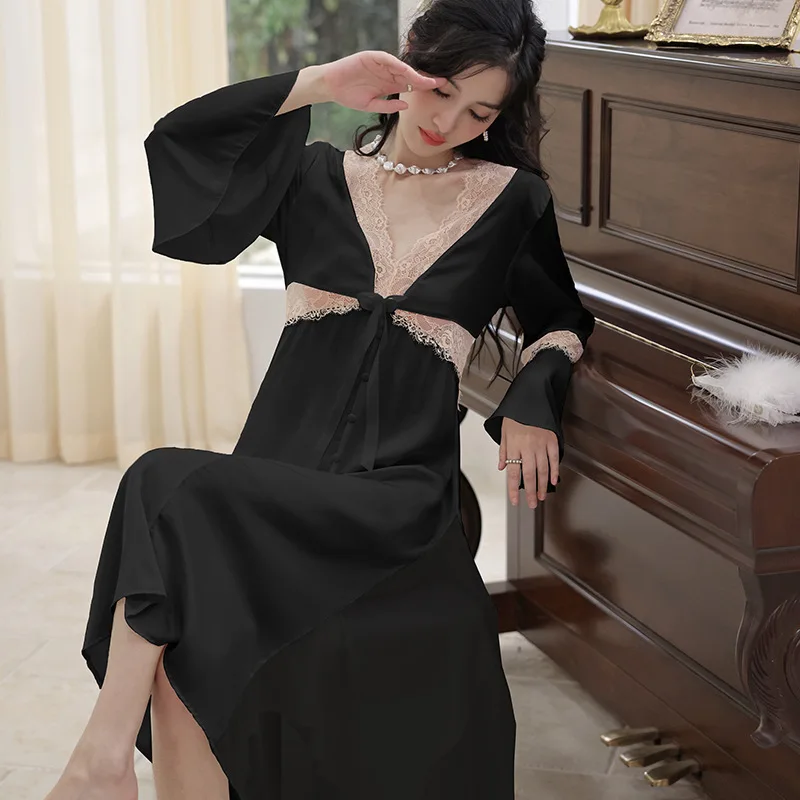 

Новая ночная рубашка женская сексуальная шелковая атласная пижама с длинным рукавом с глубоким V-образным вырезом Весна-Лето ночные рубашки Женская кружевная Милая Ночная рубашка