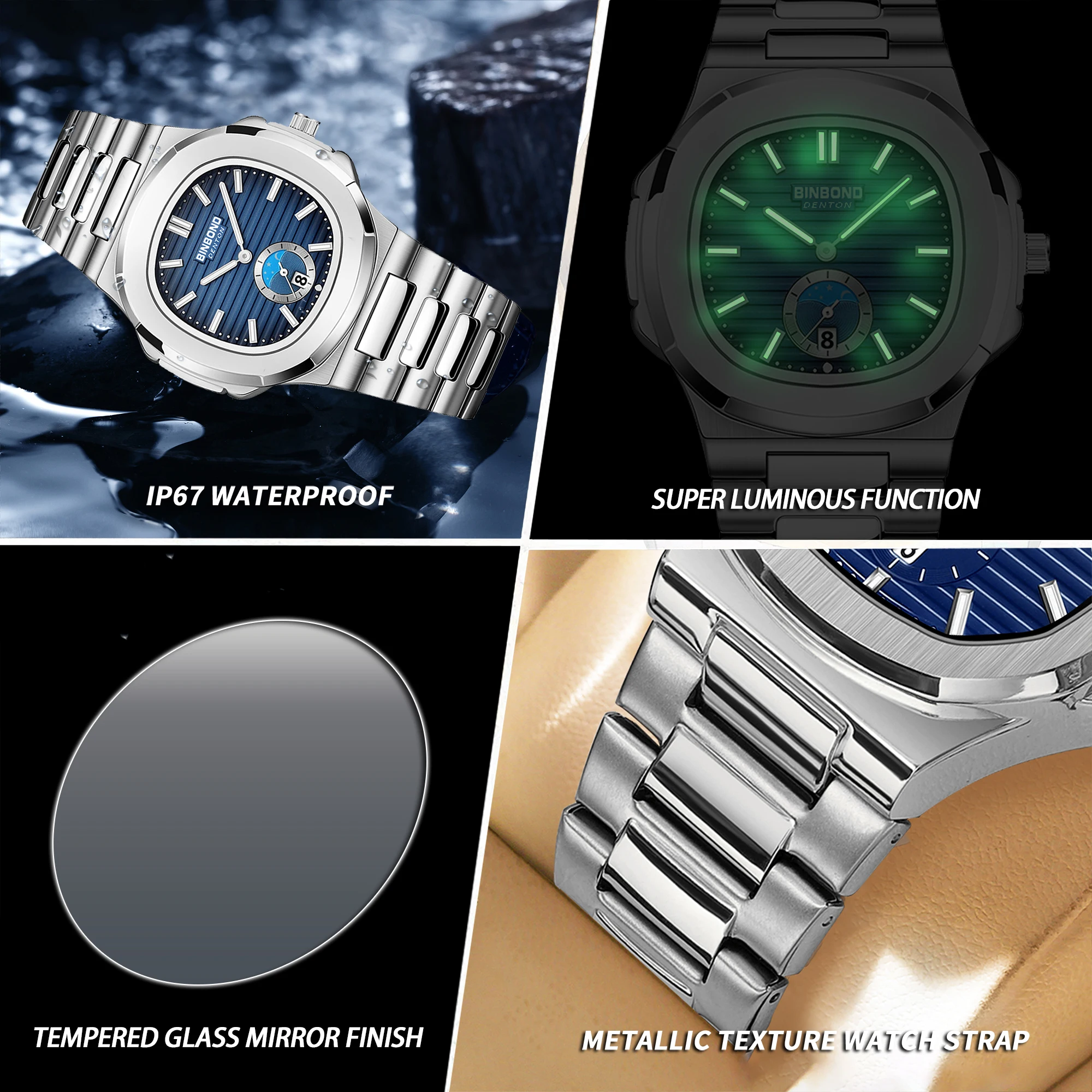 BINBOND Luxury Luminous Stainless Steel Men's Quartz Watch - Waterproof and Stylish