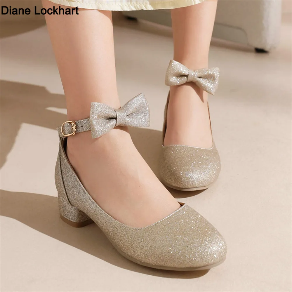 

Girls Dress Shoes Wedding Party Mary Jane Princess Flower Women Sweet Bow Comfort Sole Chunky Heel Round Toe Big Size 32-43
