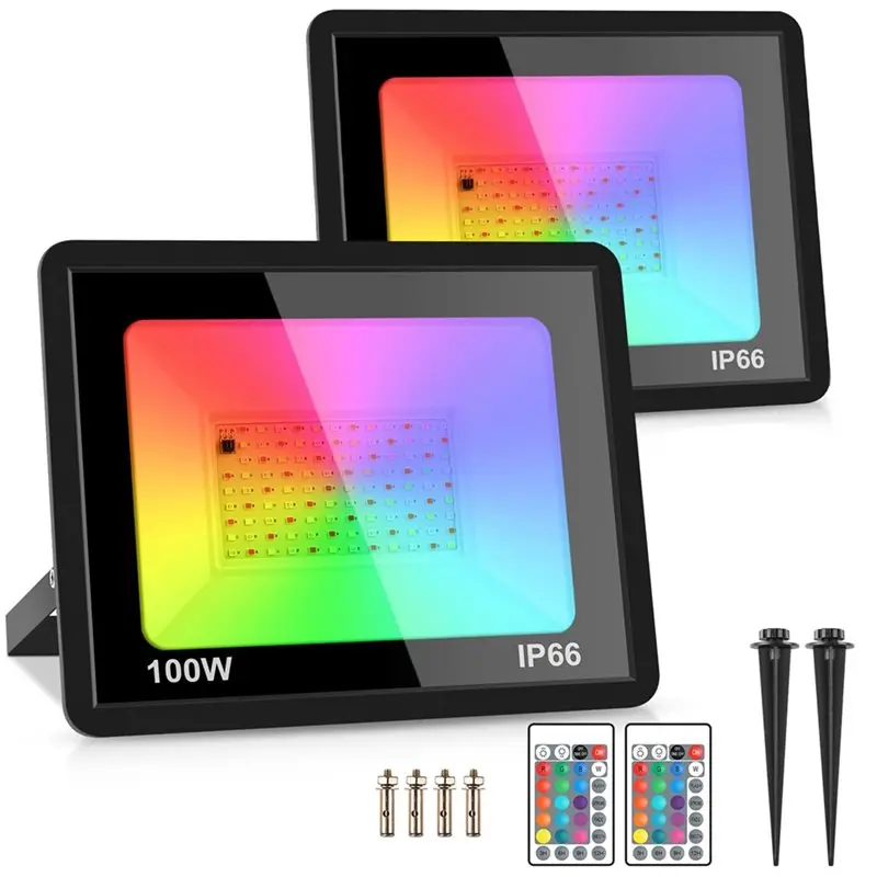 A98E-16 팩 100W RGB LED 투광 조명 IP66 방수 색상 변경 투광 조명, 파티, 할로윈용 리모컨 포함 220V