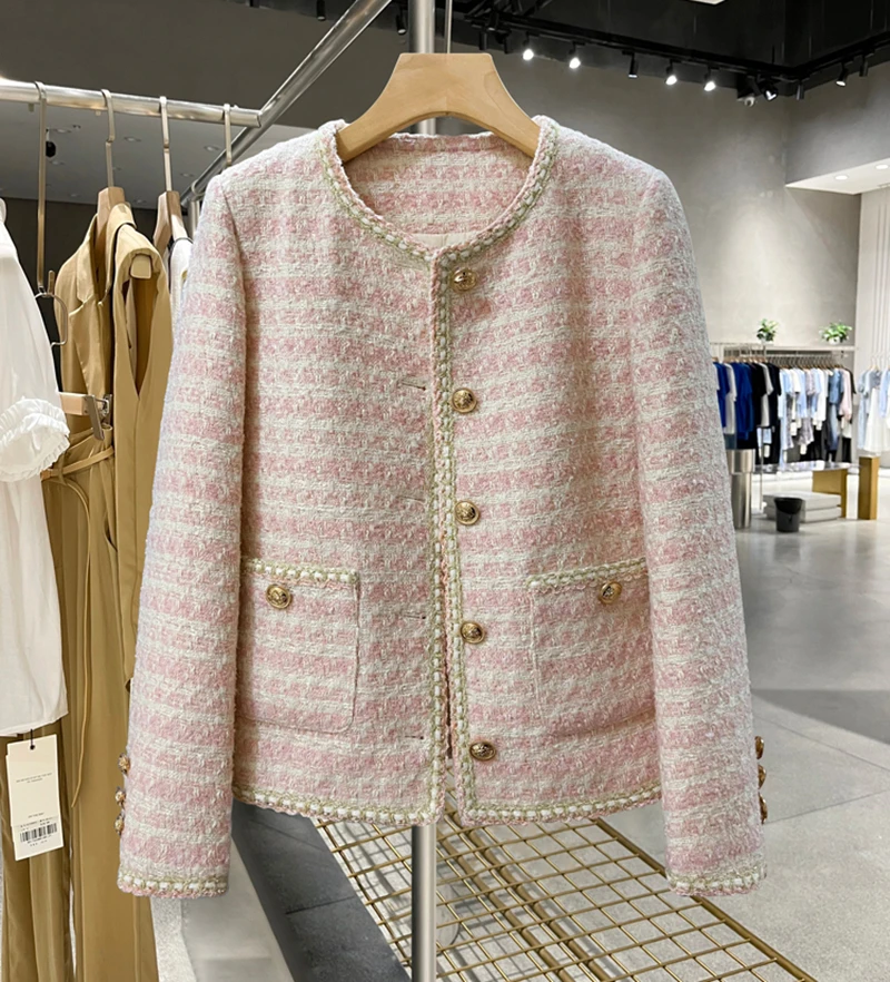 2023 Luxury Jacket Women Spring Autumn Korea Chic Pink Tweed Jacket Elegant OL Temperament Tweed Cropped Jacket Women Blazer