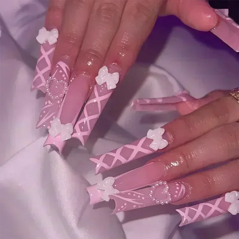 False nails 24Pcs long square press on love pattern design artificial coffin