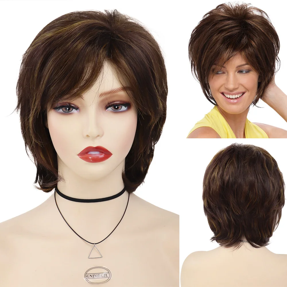 Perruque Synthétique Courte et Lisse avec ange pour Femme, Postiche de Cheveux Naturels, Brun