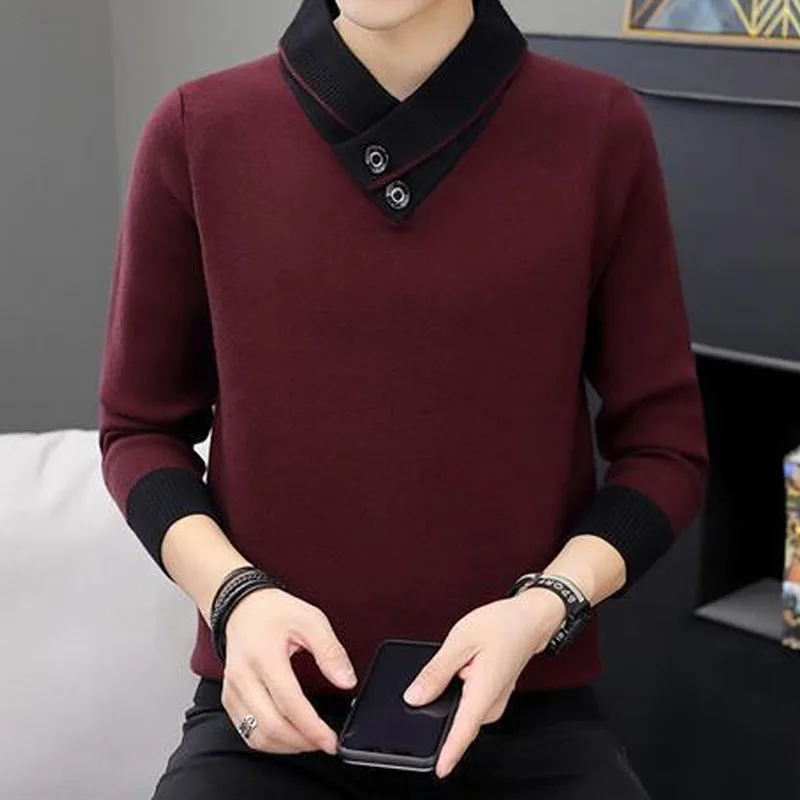 2023 가을 겨울 남성 터틀넥 두꺼운 긴 소매 스웨터 한국 트렌드 솔리드 컬러 스플 라이스 니트 풀오버 남성 의류
