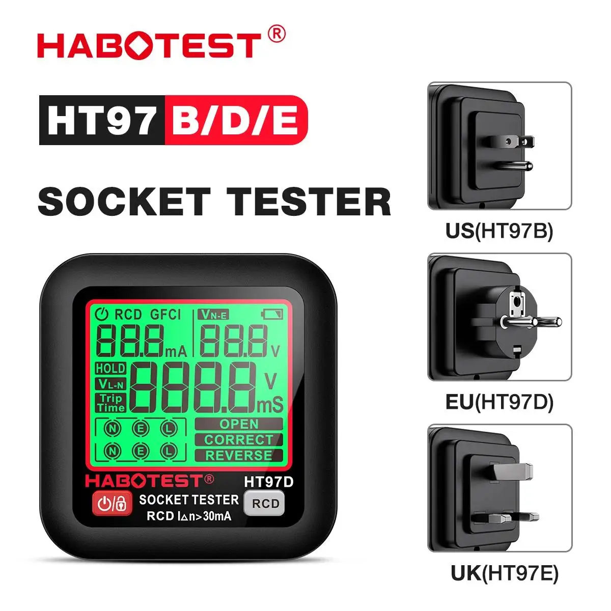 HABOTEST Digital Socket Tester HT97, smart voltage detector RCD GFCI voltage test EU US UK plug large display socket tester