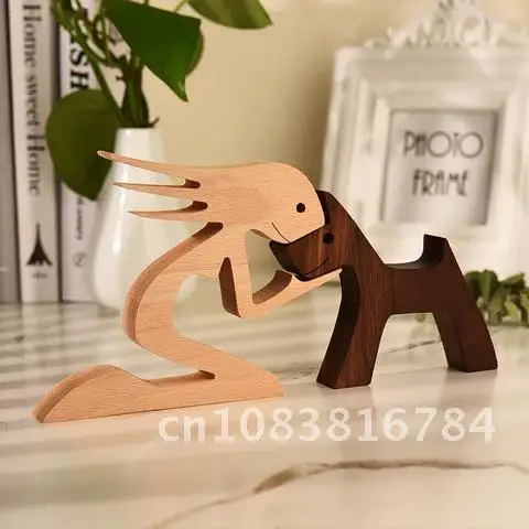 

Eco-Friendly Wooden Human and Dog Craft Figurine Creative 3D Home Office Decoration Man Statue Wood Toy Desk Free Shipping