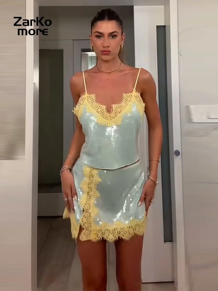 Sexy Women's Lace Sequined Skirt Sets V-neck Backless Cropped Sling Tops Mini A-line Skirt 2026 Summer Lady Beach Party Suits 2