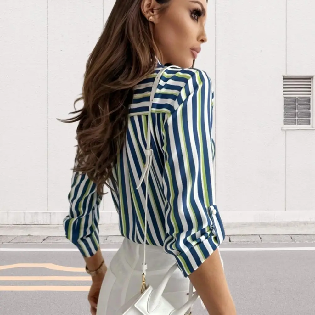 

Women Shirt Tops Stylish Autumn Women's Lapel Shirt Striped Print Slim Fit Single Breasted Workwear with Patch Pocket Breathable