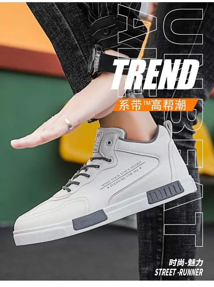 Weiße High-Top-Turnschuhe für Herren, Schnür-Leder-Sportschuhe, große Größe 45, vulkanisierte Herren-Turnschuhe, Tenis-Trainer, männliche Freizeitschuhe – Detail 6