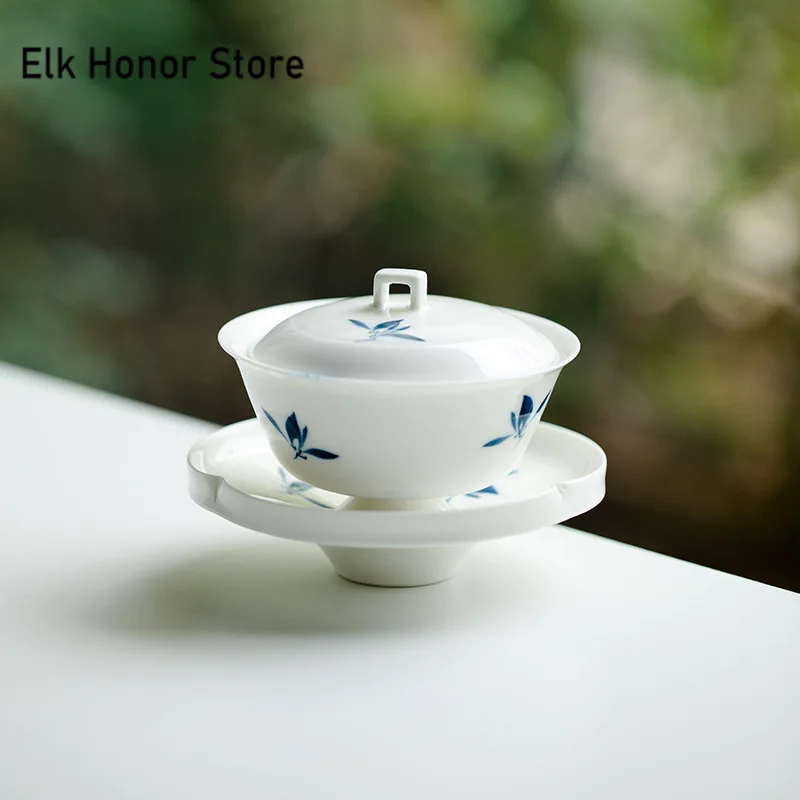 100ml Pure Hand-painted Butterfly Orchid Tea Tureen White Porcelain Ring Button Cover Bowl Tea Maker Gaiwan Kung Fu Teaware