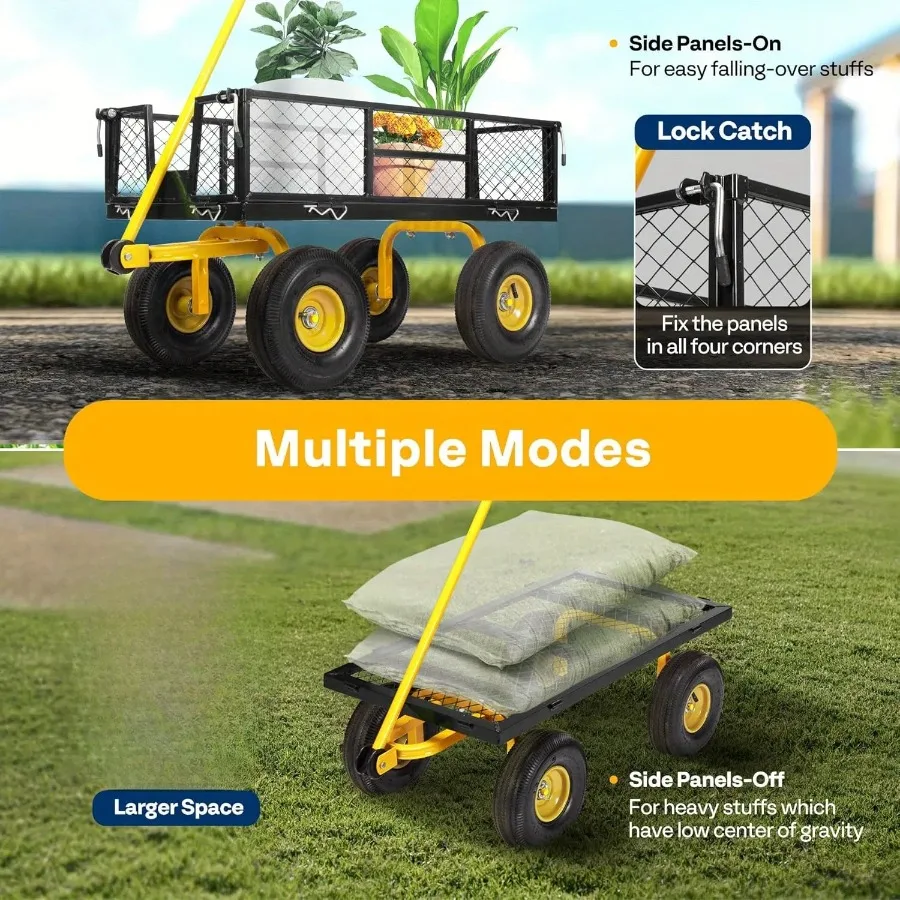 Heavy Duty 1100 lb Mesh Steel Garden Cart Folding Multifunctional Black Detachable Sides Tires
