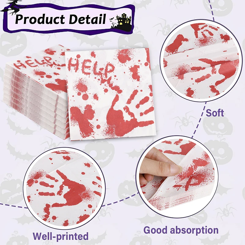20/50pcs Halloween Red Handprint Paper Napkins for Halloween Party Home Dinner Table Decoration Supplies Disposable Tissue
